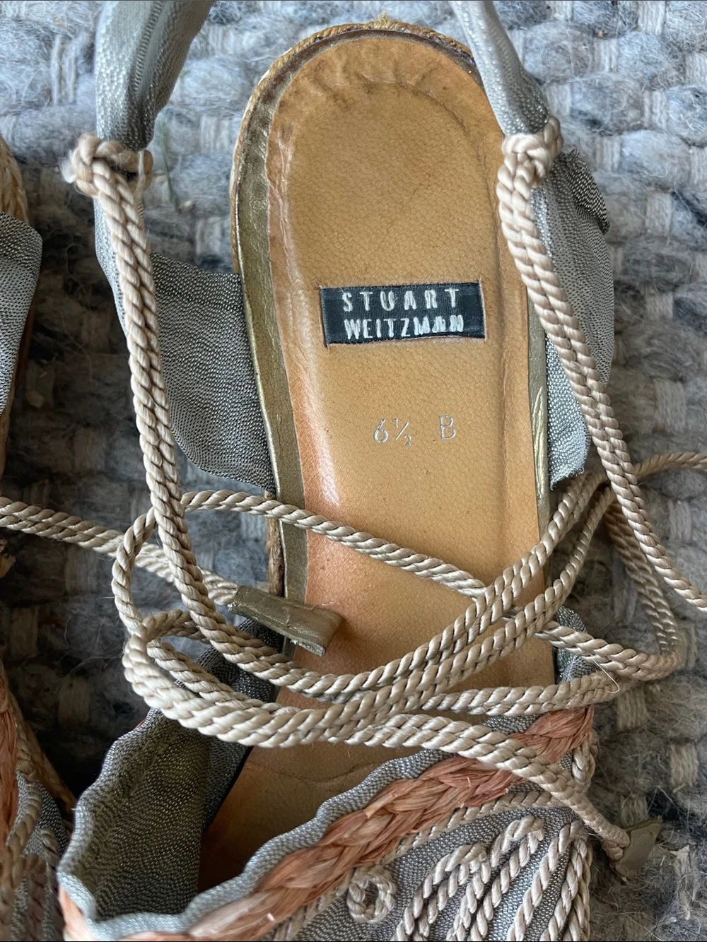 Stuart Weitzman Gray Espadrilles with Cream Rope Embroidery and Tan Braided Trim